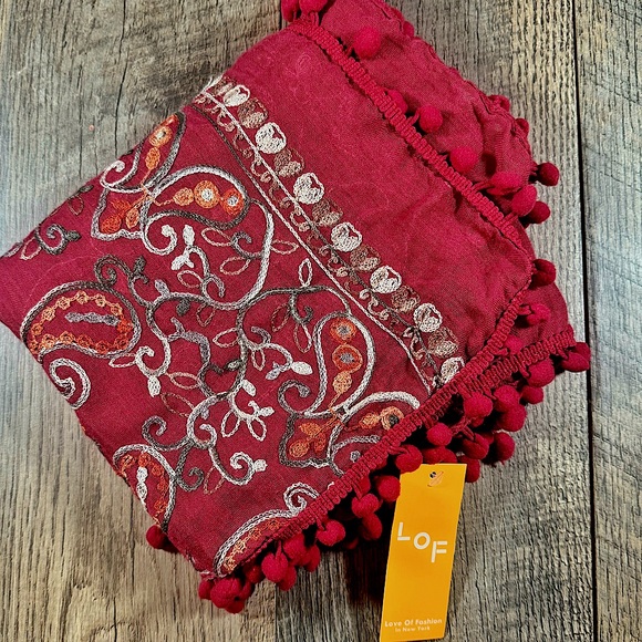 SPRING BOHO Scarf Womens 28” X 70” Red Floral Embroidered Tassled Pom Pom Wrap - Picture 4 of 5